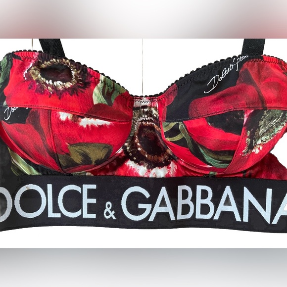 DOLCE&GABBANA Red Black Floral Silk Logo Band Balconette Bustier Push Up Bra 2B - Picture 2 of 6